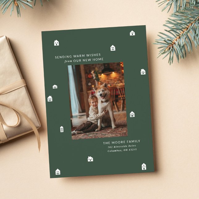 New home modern two photo green Christmas Holiday Card (Creator Uploaded)