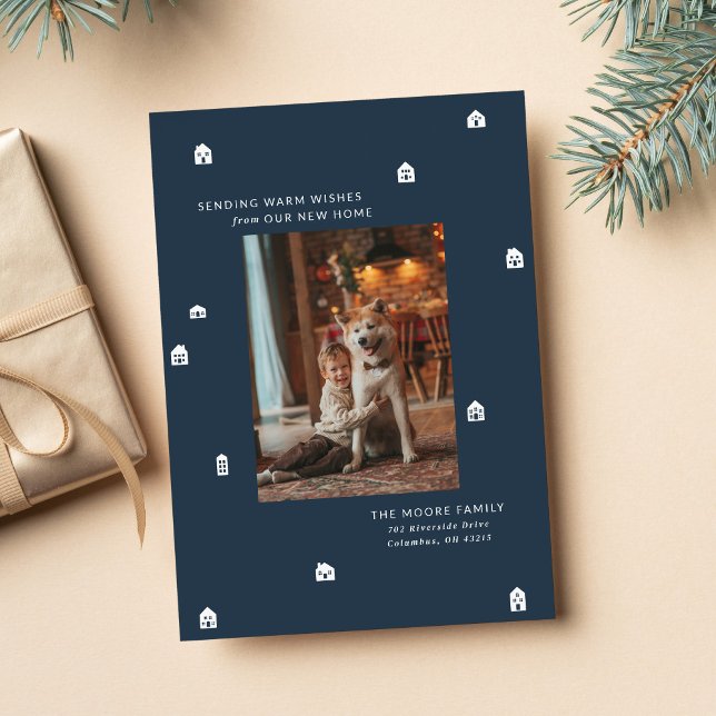 New home modern two photo navy Christmas Holiday Card (Creator Uploaded)