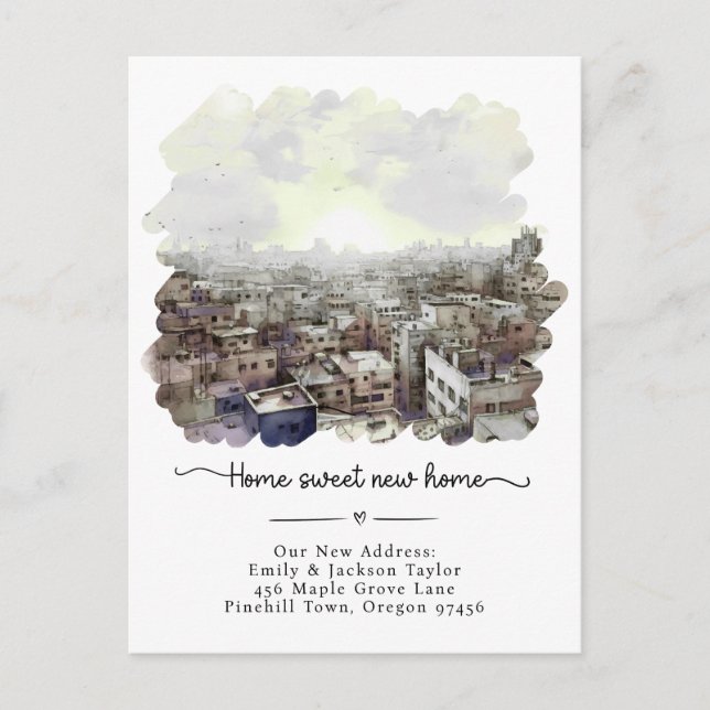 New Home - New Address Watercolor City Announcement Postcard (Front)