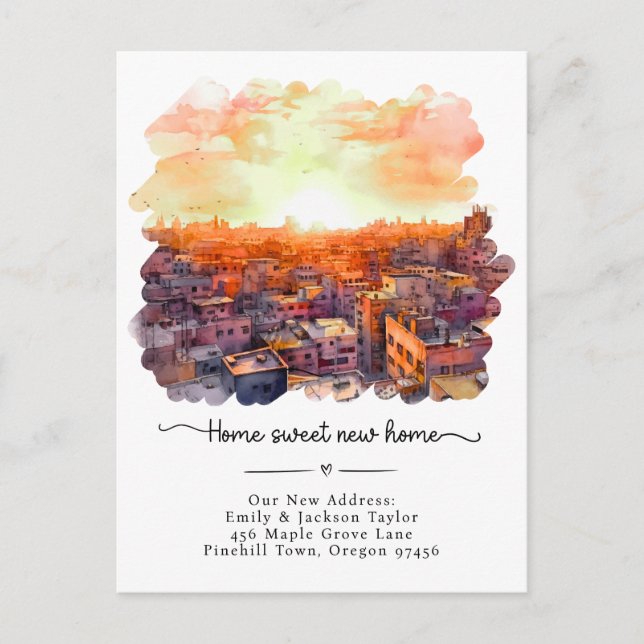 New Home - New Address Watercolor City Announcement Postcard (Front)