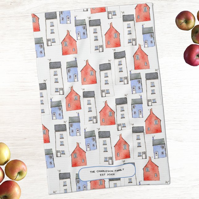 New Home Personalised Tea Towel (House watercolor art personalized family kitchen towel)