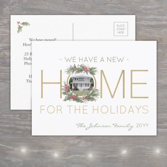 New Home Photo Christmas Wreath Change of Address Announcement Postcard (Creator Uploaded)