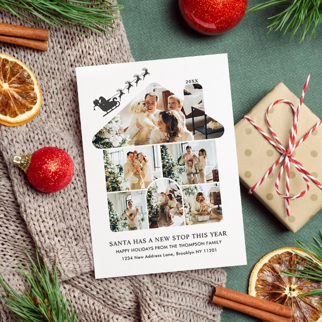 New Home Photo Collage Black Santa Sleigh Moving Holiday Card (Creator Uploaded)
