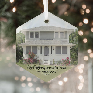 New Home Photo First Christmas Simple Black Script Glass Tree Decoration