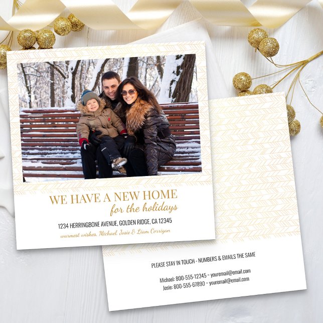 New Home Photo Gold Herringbone Holiday Moving Announcement (New home for the holidays photo card with simple, elegant gold herringbone pattern)