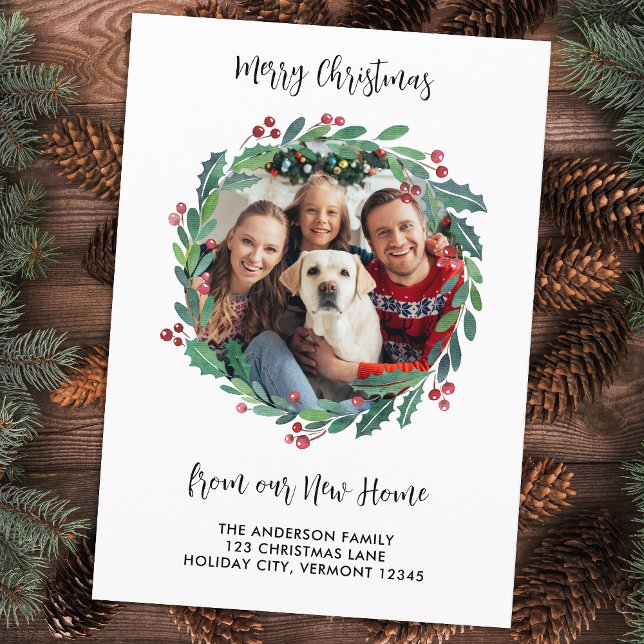 New Home Photo Greenery Wreath Christmas Moving  Announcement (Creator Uploaded)