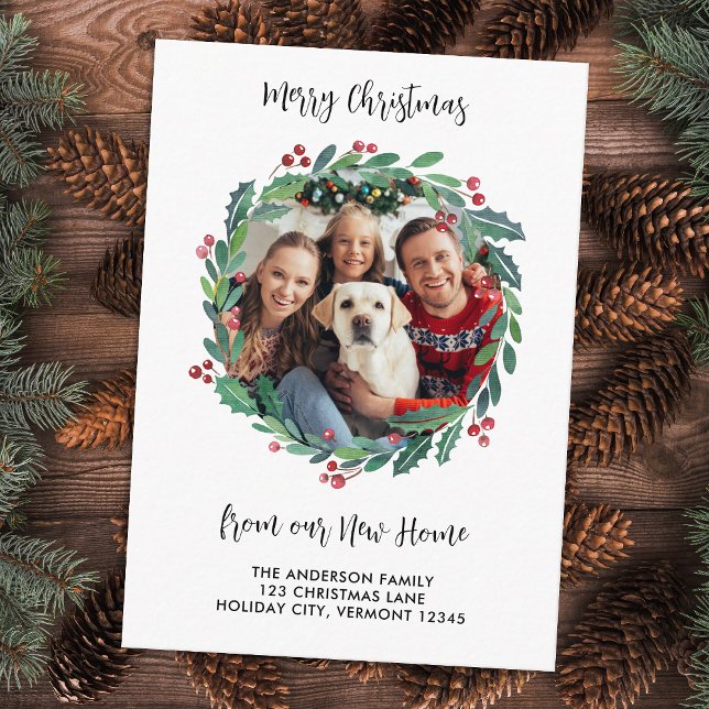 New Home Photo Greenery Wreath Christmas Moving Enclosure Card (Creator Uploaded)