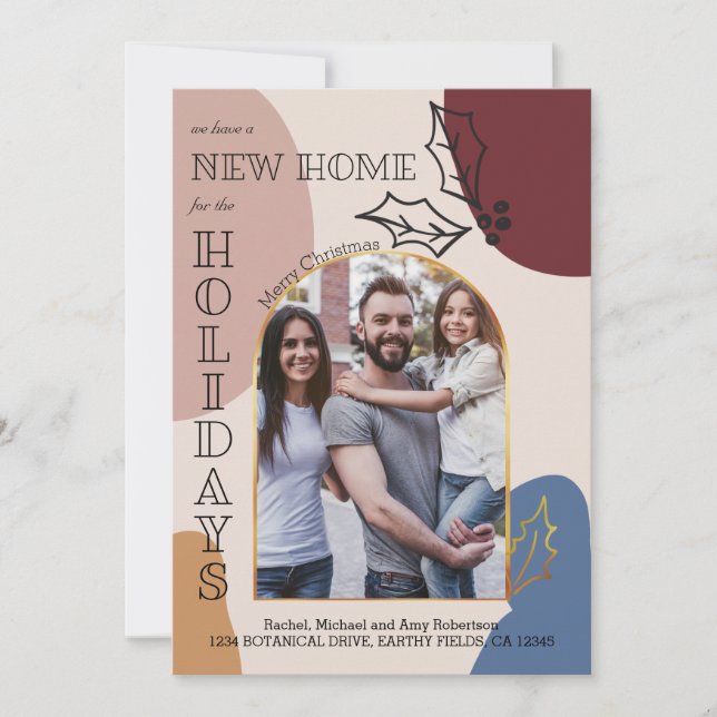 New Home Photo Holly and Gold Arch Holiday Moving Announcement (Front)