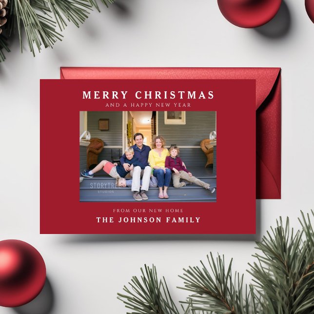 New Home Red Merry Christmas Photo Holiday Card (New Home Red Merry Christmas Photo Holiday Card)