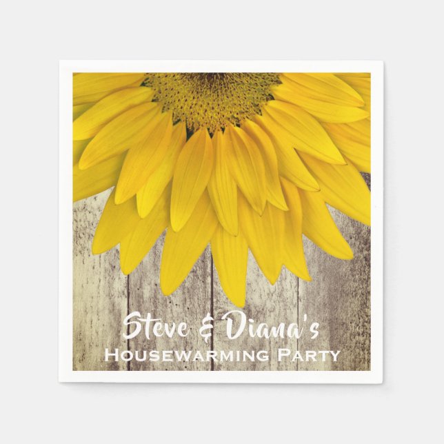 New Home Rustic Wood Sunflower Housewarming Party Napkin (Front)