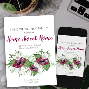 New Home Sweet Home Floral Watercolor Moving Announcement