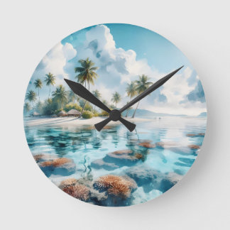 New Home Travel Lovers Maldives Blue White Art Round Clock