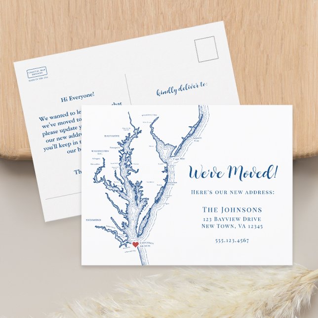 New Home Virginia Beach Map Moving Announcement Postcard (Virginia Beach Change of Address Moving Announcement Postcard with Chesapeake Bay Map)