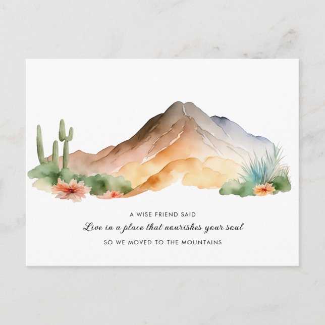 New Home Watercolor Mountains Cactus Moving Announcement Postcard (Front)