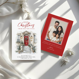 New Home Watercolor Red Front Door Christmas Holiday Card