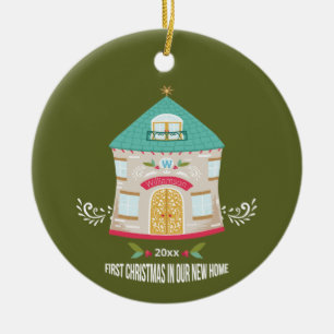 New Home Whimsical Green First Christmas Ceramic Tree Decoration