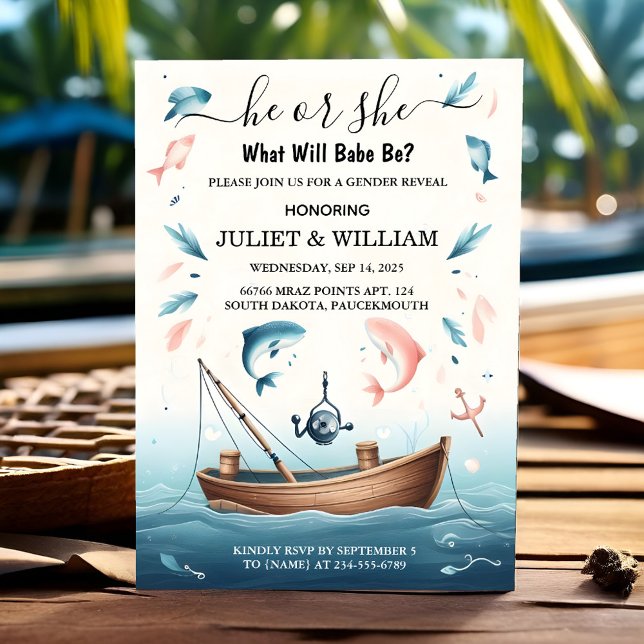 New Hook Bait Fun Wood Fish Fishing Gender Reveal Invitation (Creator Uploaded)