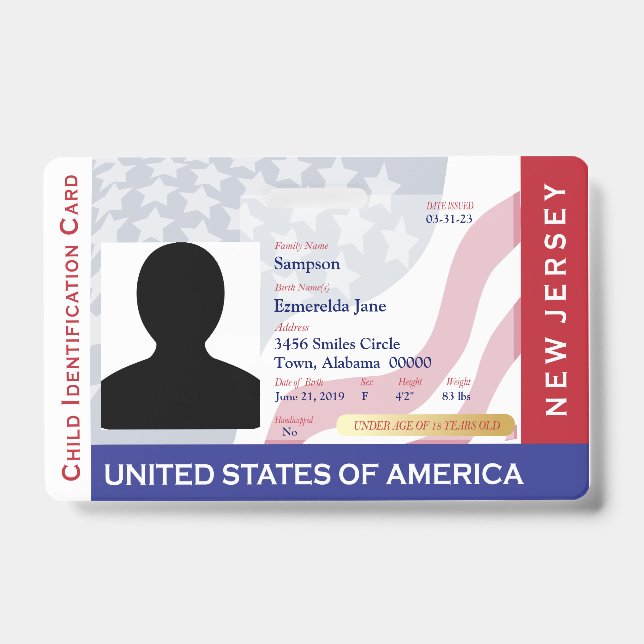NEW JERSEY -Child ID -USA Flag Background Badge (Front)