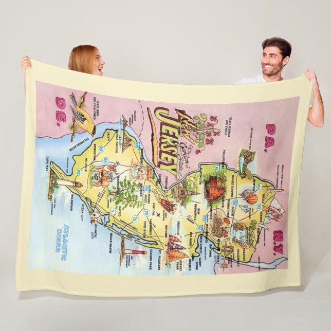 New Jersey Colourfully Illustrated  Postcard Throw Fleece Blanket (In Situ)