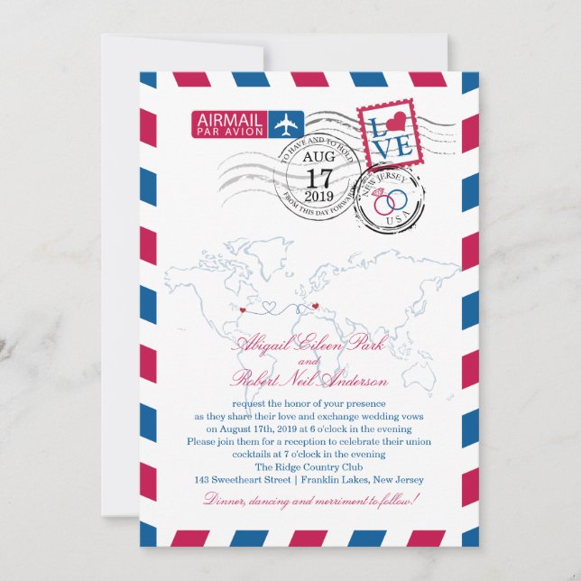 New Jersey & Italy Airmail Heart Wedding Invitation (Front)