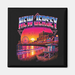 New Jersey Retro Beach Sunset Boardwalk Travel Magnet