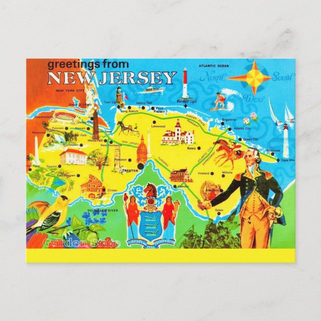  New Jersey Vintage Colourful Map Postcard (Front)