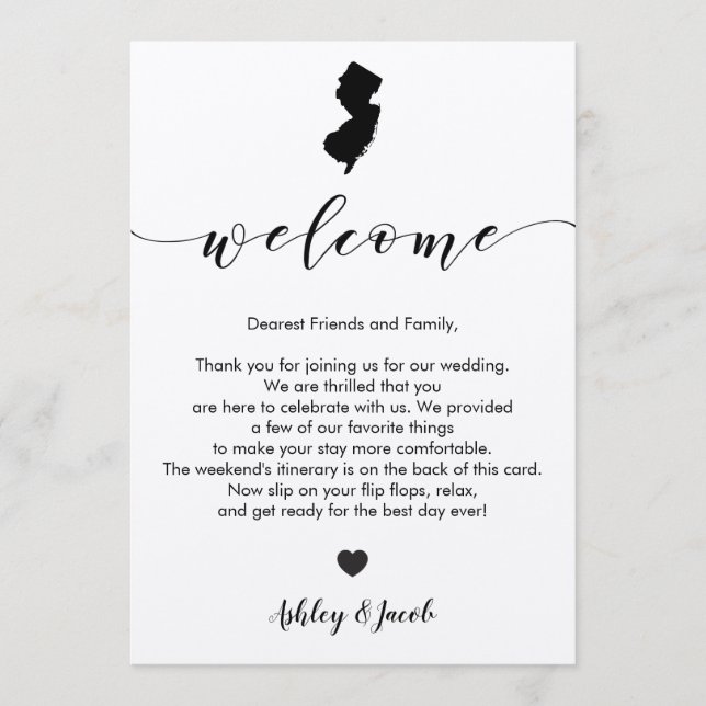 New Jersey Wedding Welcome Letter & Itinerary Card (Front)