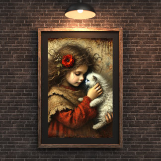 New Kitten, New Love - Young girl and Cat Art  Poster