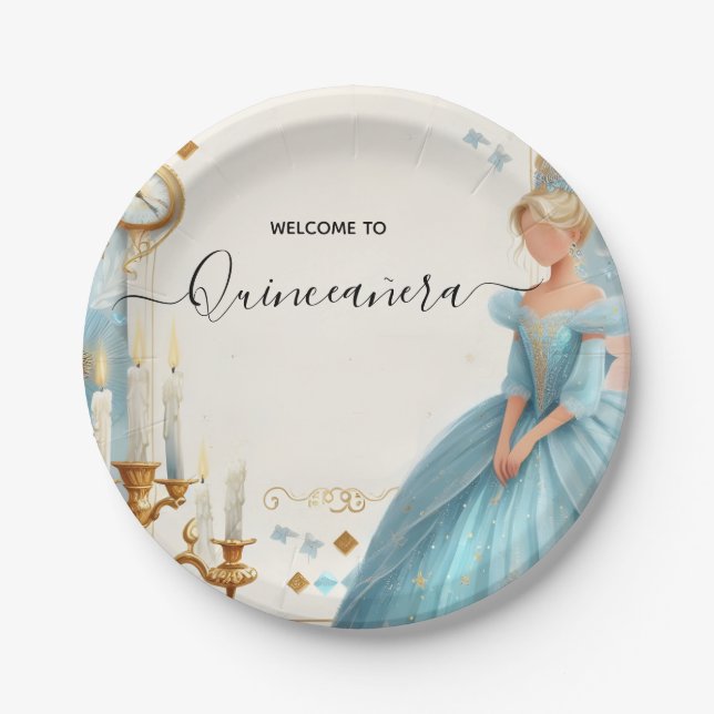New Lamp Ivory Ice Sky Gold Light Blue Quinceanera Paper Plate (Front)