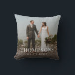 New Last Name Wedding Photo and Date Cushion<br><div class="desc">Commemorate the new bride and groom with a custom throw pillow featuring a wedding photo, the new last name and wedding date on the front. The other side of the pillow has a charming tossed pattern of white doves, intertwined wedding rings and flowers on a slate blue grey background colour...</div>