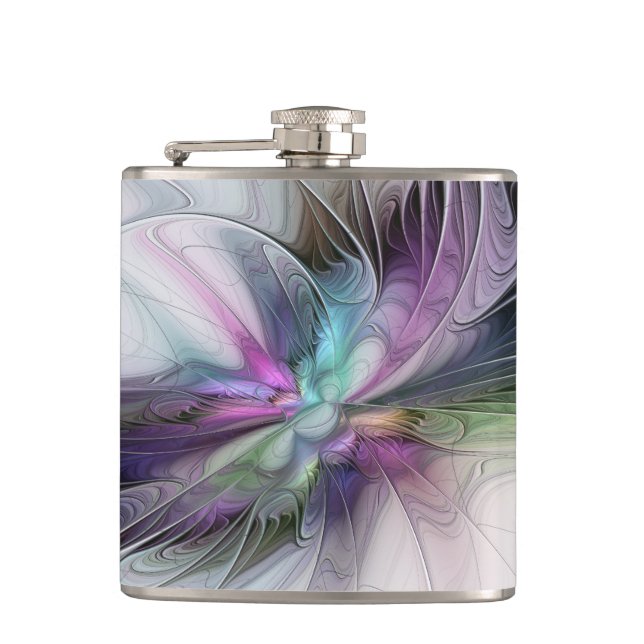 New Life, Colourful Abstract Fractal Art Fantasy Hip Flask (Front)