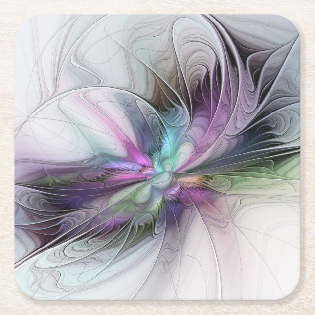 New Life, Colourful Abstract Fractal Art Fantasy Square Paper Coaster (Front)