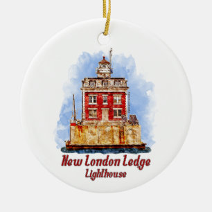 New London Ledge Lighthouse Watercolor Connecticut Ceramic Tree Decoration