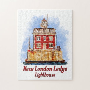 New London Ledge Lighthouse Watercolor Connecticut Jigsaw Puzzle