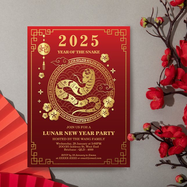 New Lunar Year 2025 - Year of the Snake - 新年 Invitation (Mark the Lunar Year 2025 with this elegant red and gold invitation.)