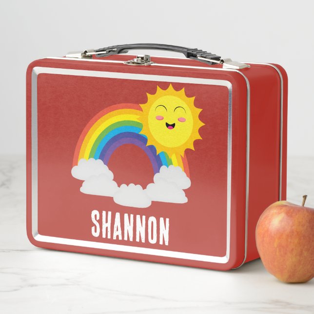 NEW! Lunchbox - Rainbow Sun (add name) Metal Red (In Situ)