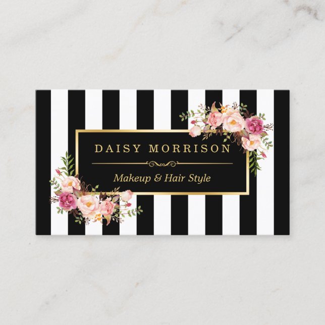 (New) Makeup Artist Beauty Salon Floral Stripes Business Card (Front)