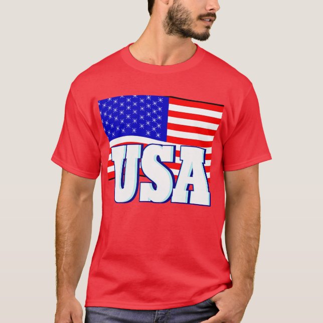 New Men's Red T-shirt Red White & Blue USA Flag (Front)