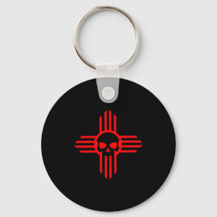 New Mexico Flag Zia Sun Skull ; State Pride Tee  Key Ring