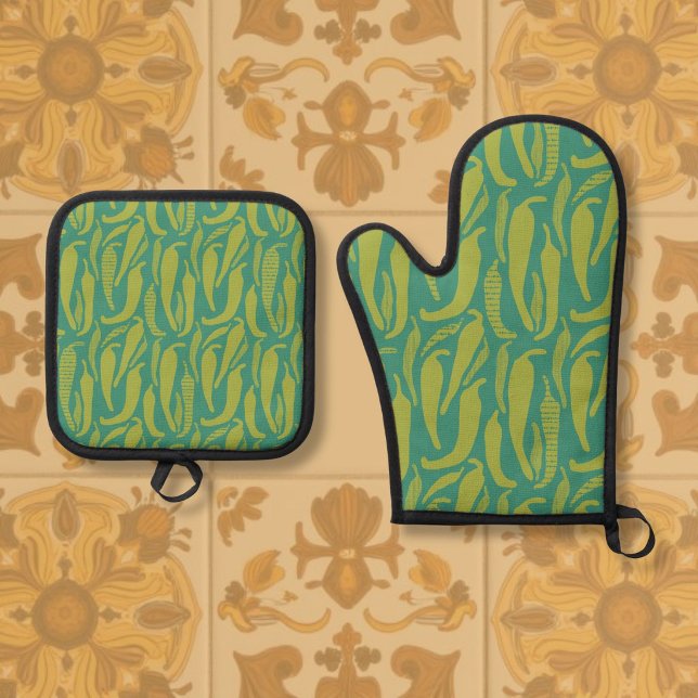 New Mexico Hatch Green Chile Inspired Hand-Drawn Oven Mitt & Pot Holder Set (Creator Uploaded)