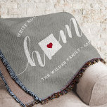 New Mexico Home State Personalised Throw Blanket<br><div class="desc">Show some home state pride with this cute rustic grey throw blanket featuring "home" in white calligraphy script lettering with a silhouette map of the state of New Mexico standing in for the letter "O." A red heart illustration inside the state map completes the design; you can change the position...</div>