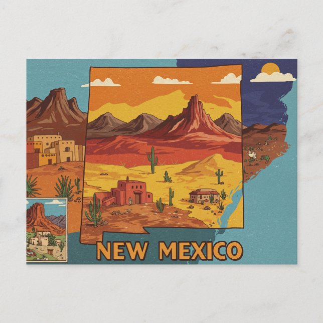 New Mexico Landscape Art | Illustrated State Map Postcard (Front)
