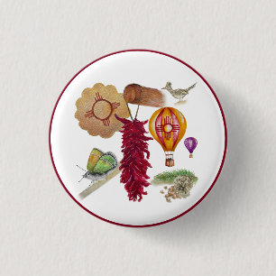 New Mexico Red Chile Pinõn Zia Hot Air Balloon 3 Cm Round Badge