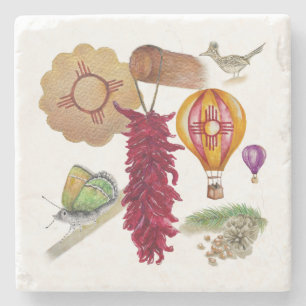 New Mexico Red Chile Pinõn Zia Hot Air Balloon Stone Coaster