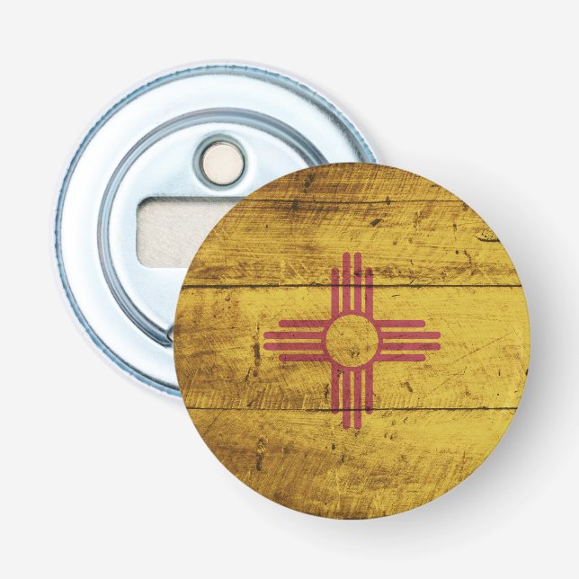 New Mexico State Flag on Old Wood Grain Bottle Opener (Front)