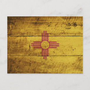 New Mexico State Flag on Old Wood Grain Postcard