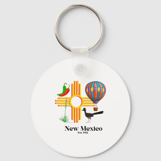 New Mexico Zia_ Chiles, Balloon, Roadrunner, Yucca Key Ring (Front)