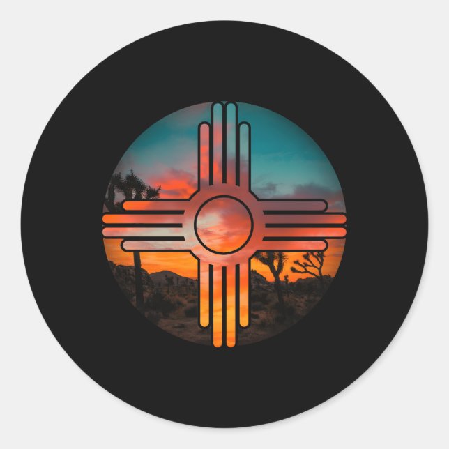New Mexico Zia Symbol And Landscape Classic Round Sticker (Front)