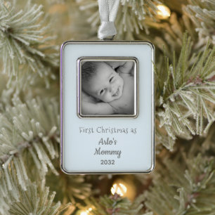 New Mom First Christmas as Mommy Baby Boy Photo Silver Plated Framed Ornament
