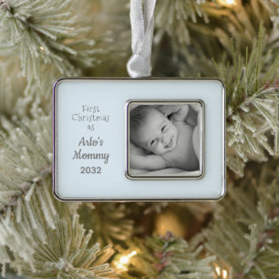 New Mom First Christmas as Mommy Baby Boy Photo Silver Plated Framed Ornament